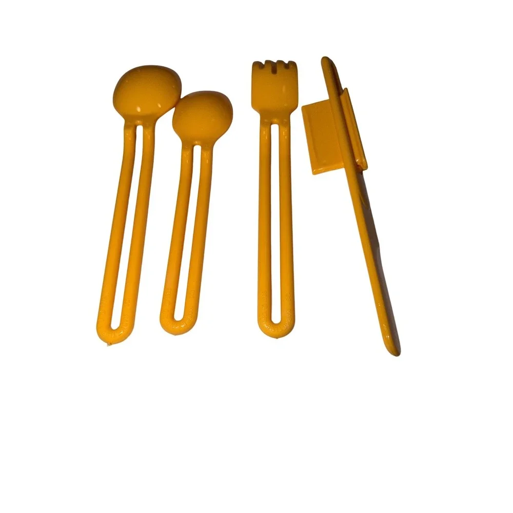2 Vintage 1986 IDC Marketing Yellow Plastic Nesting Camping Flatware Made in USA